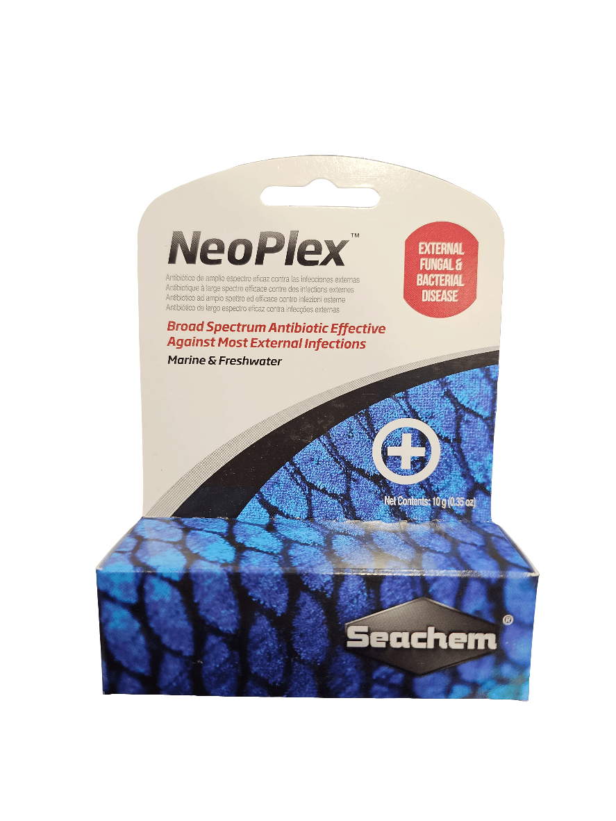 The image showcases a 10g package of Seachem - NeoPlex, an antibiotic formulated for treating external infections in both marine and freshwater settings. The packaging features blue and black scale-like designs, highlighting its efficacy against fungal and bacterial infections.