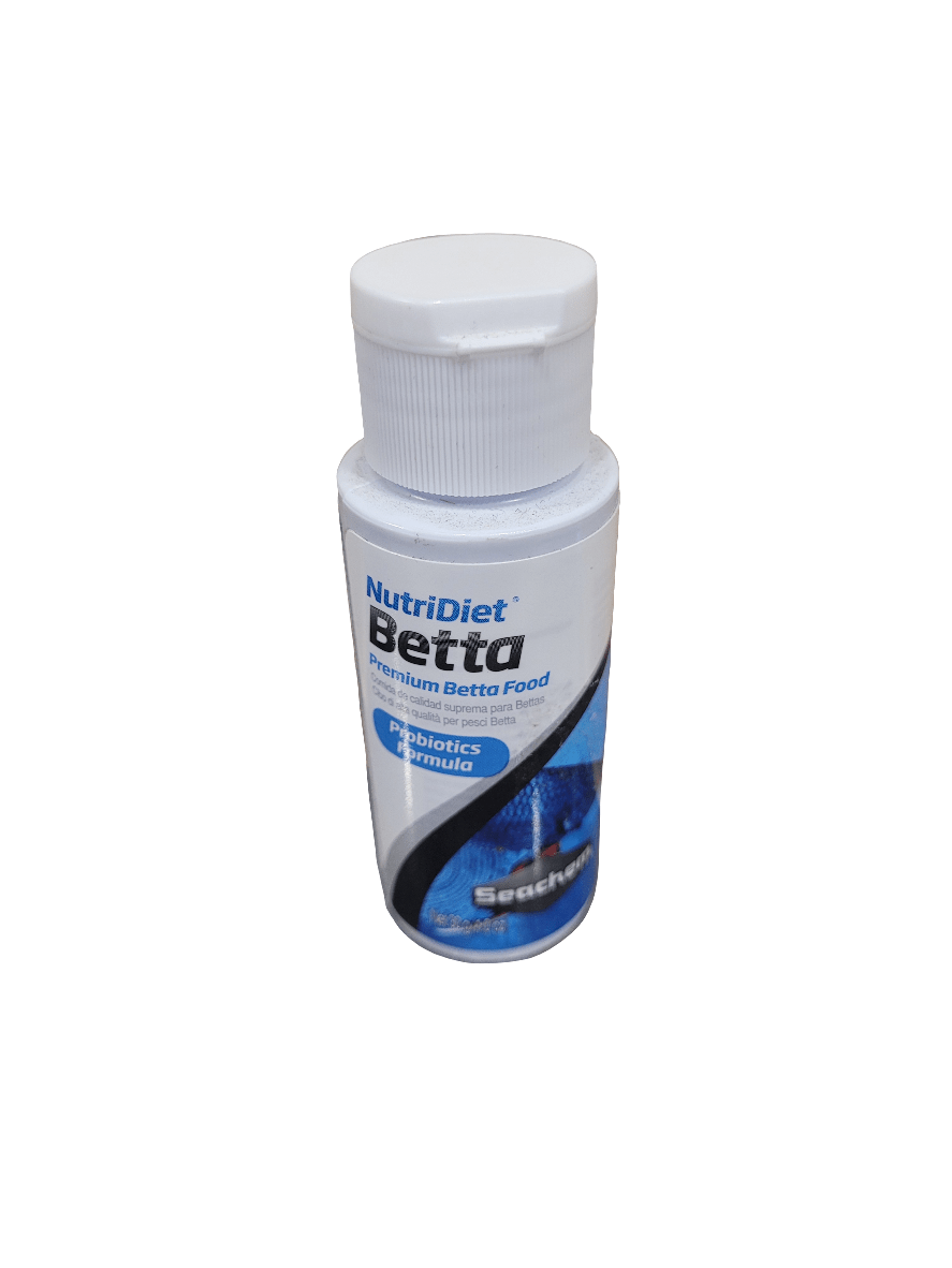 A 30g bottle of Seachem NutriDiet Betta Food in white packaging, with blue graphics and text on the label emphasizing its probiotic formula.