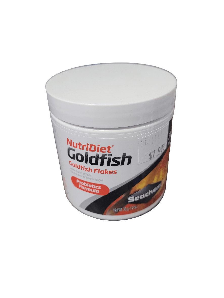 Container of Seachem - NutriDiet Goldfish Flakes - 30g with a white lid, featuring Probiotics Formula branding and priced at $7.99. The design includes an image of goldfish.