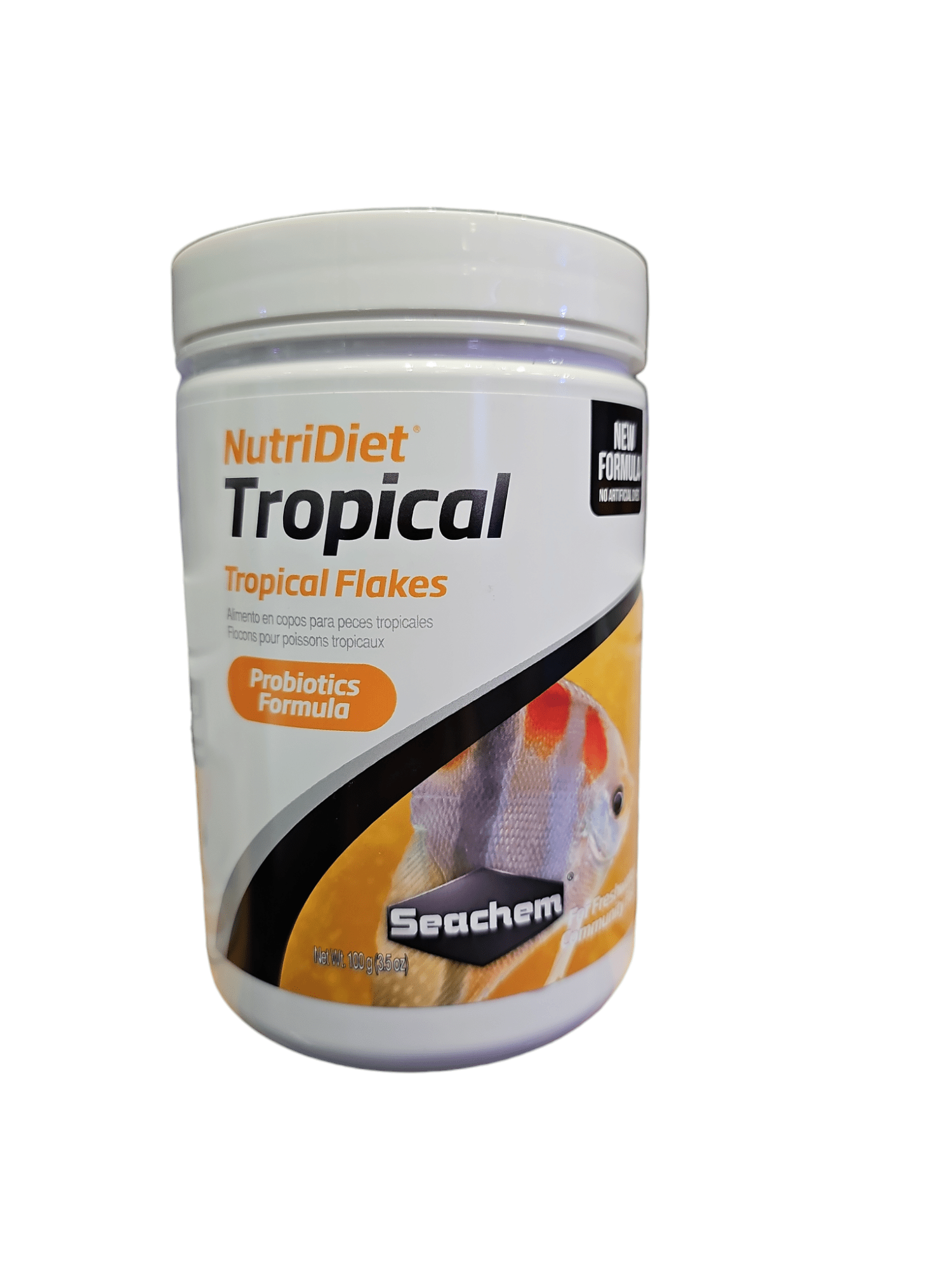 A 100g container of Seachem - NutriDiet Tropical Flakes fish food with a white lid features a label highlighting its probiotics formula, alongside an image of a fish. The brand name Seachem is prominently displayed on the front.