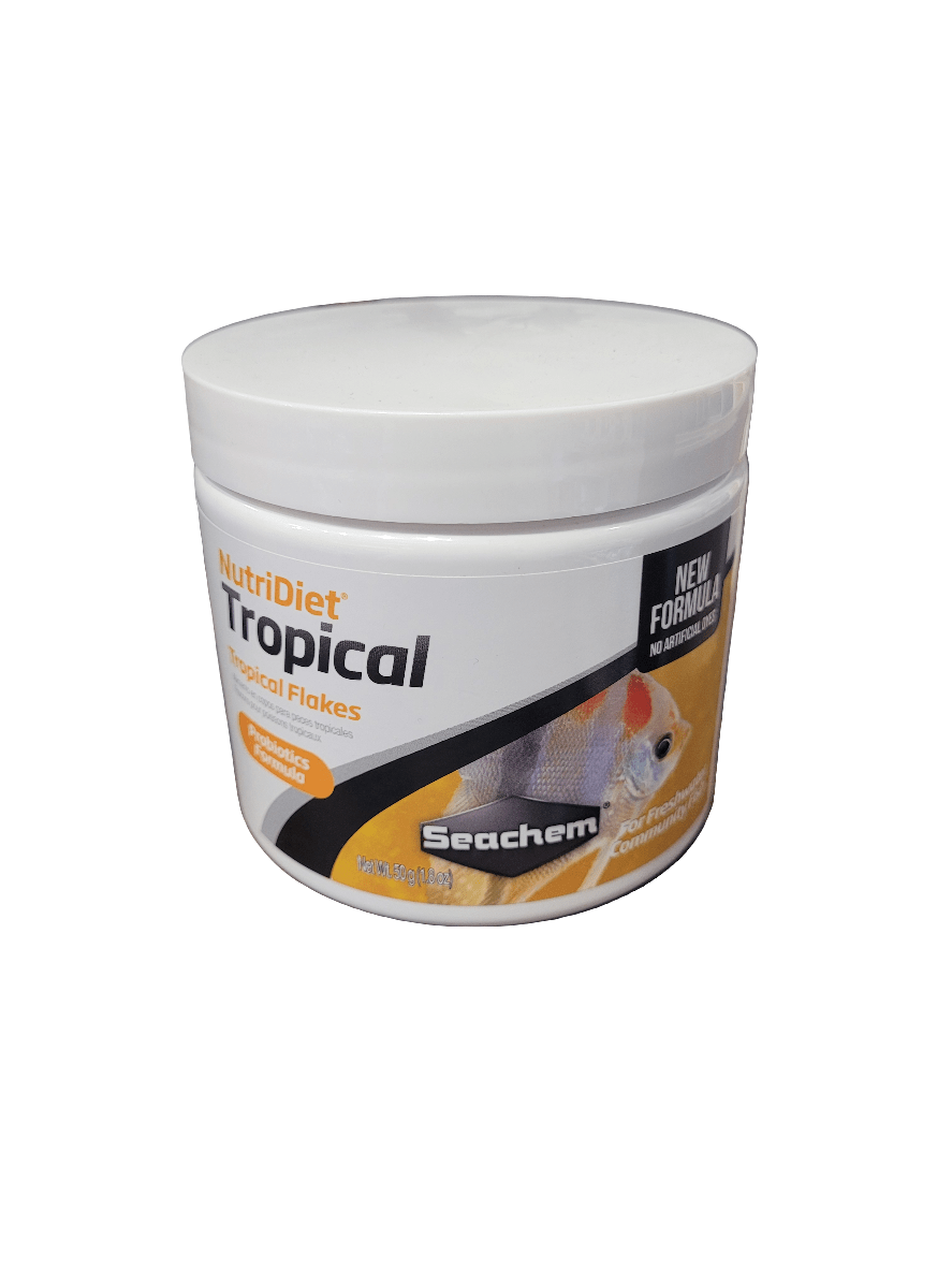 A white container of Seachem - NutriDiet Tropical Flakes - 30g featuring a fish image on the label. It boasts a new formula that includes natural color enhancers.