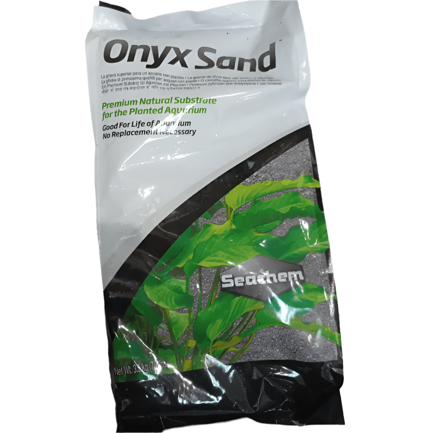 Presenting the Seachem Onyx Sand - 3.5kg, a premium natural substrate designed for planted aquariums. The packaging showcases an image of lush green plants and highlights that it lasts for the life of the aquarium with no replacements needed.