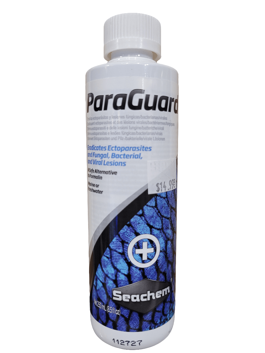 A bottle of Seachem - Paraguard - 250ml, a fish treatment solution, is showcased with a blue and black scale-like design on the label. It comes in a white container featuring a childproof cap. A price tag displaying $14.99 is affixed to the label.