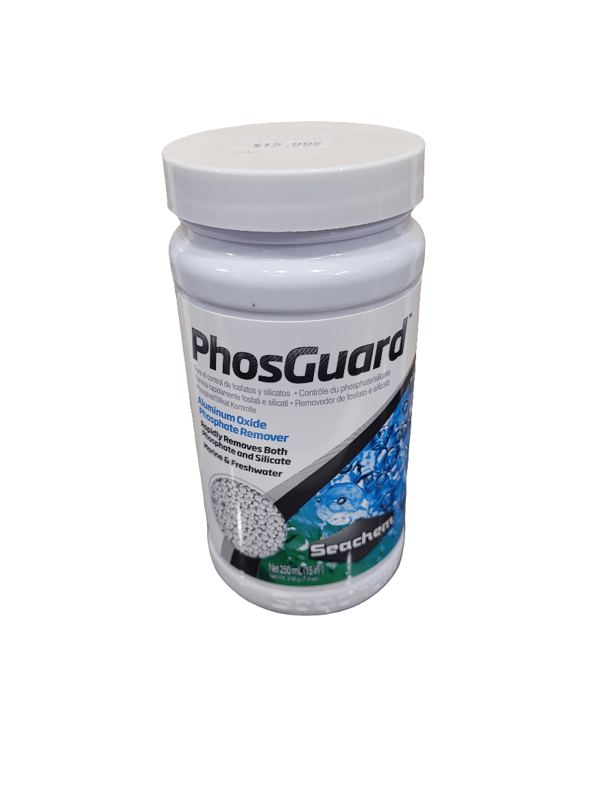 A container of Seachem PhosGuard, labeled as a phosphate remover, features images of blue water bubbles and pellets. Suitable for use in aquariums, it treats both marine and freshwater environments. The product is available in a 250ml size.