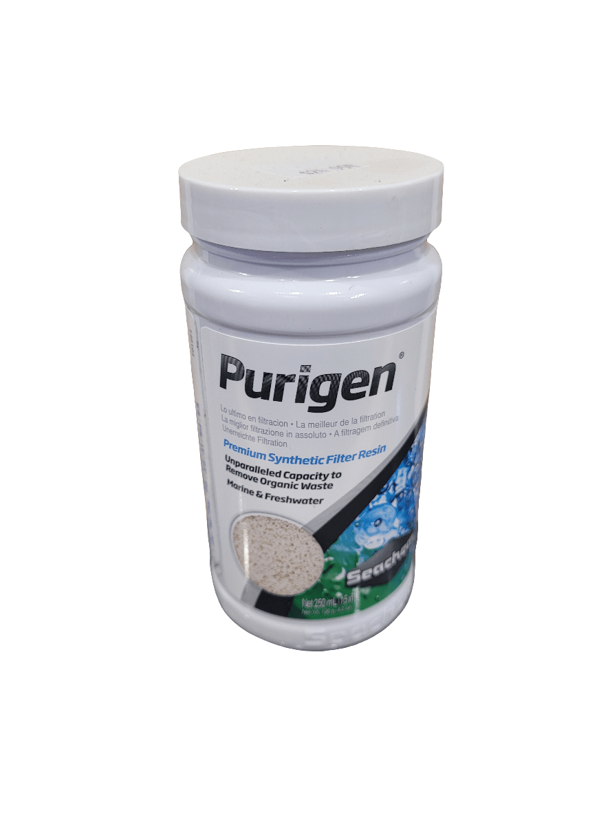 A white-lidded container of Seachem - Purigen synthetic filter resin for aquariums, marked with Premium Synthetic Filter Resin and Unparalleled Capacity, suitable for both marine and freshwater use, holds 250 mL.