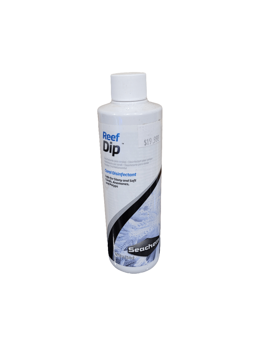 A 250ml bottle of Seachem, branded as Reef Dip, featuring a white exterior with blue and black design elements, showcases its purpose as a coral disinfectant. The price is displayed at $19.99.