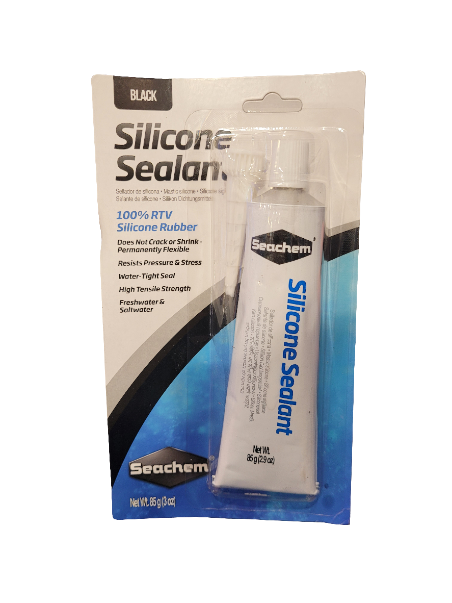 The Seachem Silicone Aquarium Sealant in black is 100% silicone rubber, known for its durability and water-tight seal. It offers high tensile strength and resistance to pressure, saltwater, and freshwater. Net weight: 85g (3 oz).