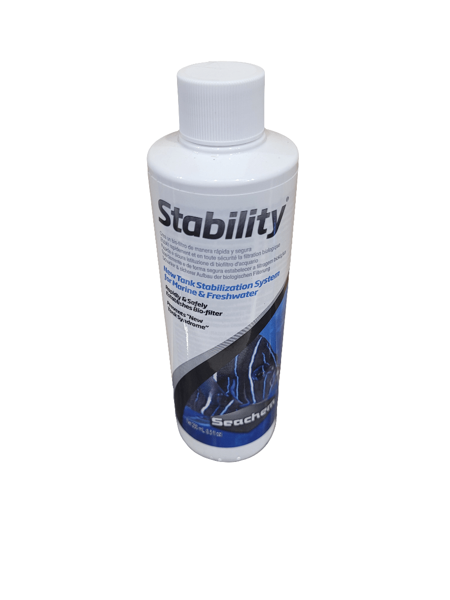 A 250ml bottle of Seachem Stability, specifically formulated for stabilizing new aquarium tanks. The white bottle is adorned with blue and white labeling that explains its application for both marine and freshwater environments.