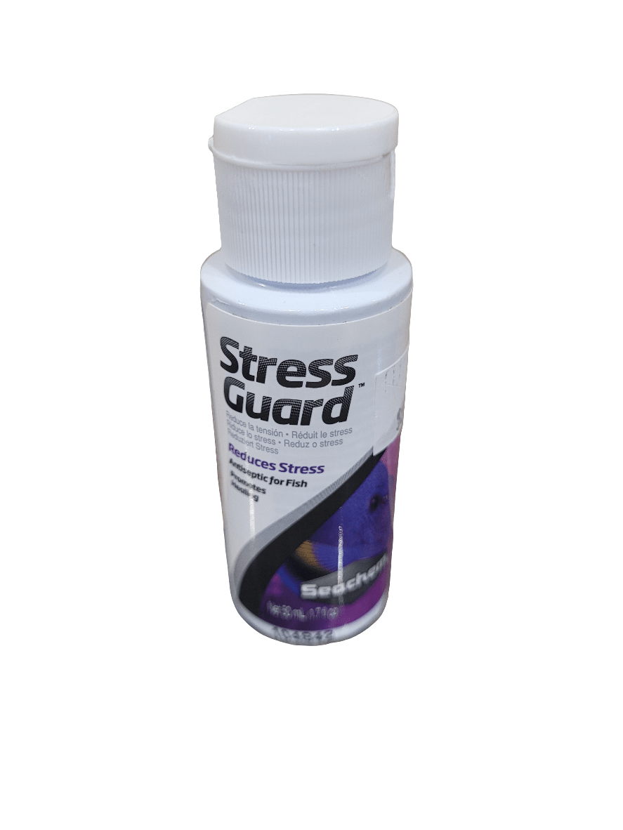 A 50ml white bottle labeled Seachem - Stress Guard features a purple design and text indicating it reduces stress and serves as an antiseptic for fish. The bottle is topped with a white screw cap.