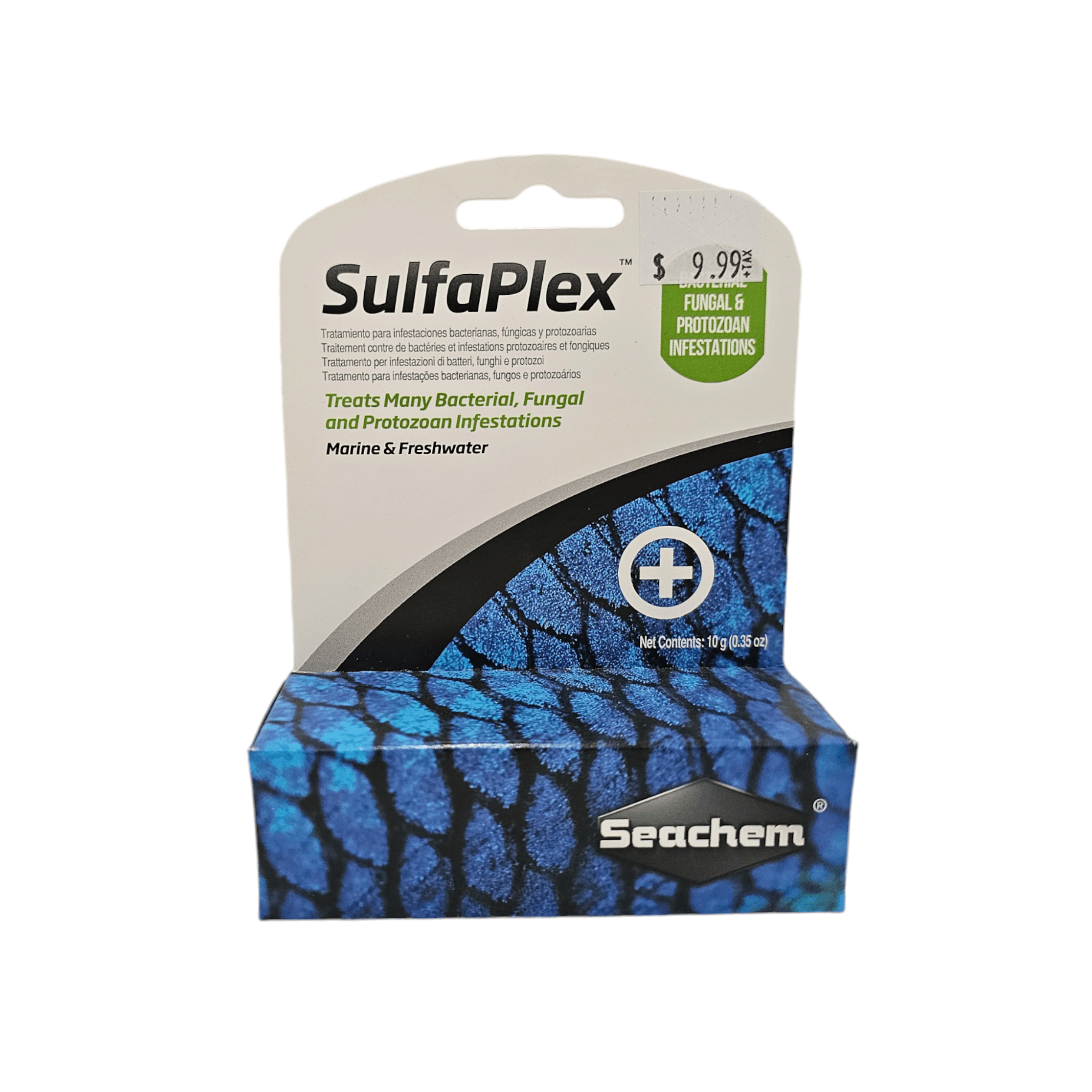 The Seachem - SulfaPlex - 10g packaging for aquarium use showcases a blue scales design, is priced at $9.99, and indicates it treats bacterial, fungal, and protozoan infestations in both marine and freshwater environments.