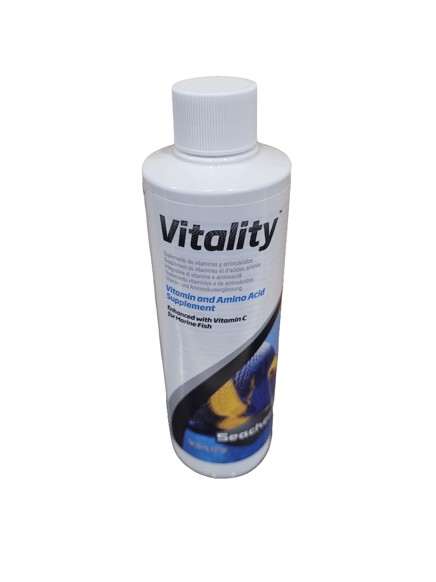 A bottle of Seachem - Vitality - 250ml Vitamin and Amino Acid Supplement for marine fish, featuring a blue and yellow fish graphic on the label, complete with a white screw cap.