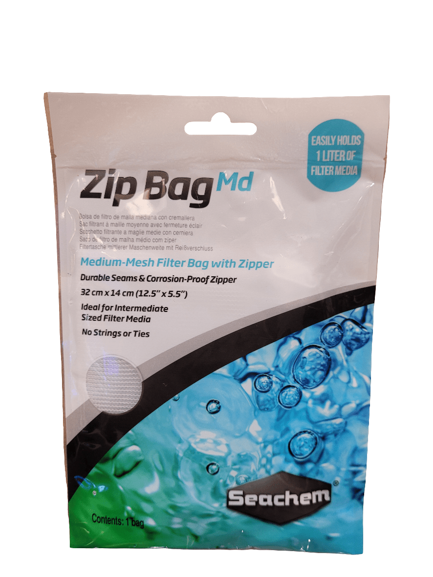 Here is a possible rewrite using the given product data:

The Seachem - ZipBag - Medium package displays a visible front label. The packaging combines white and blue colors, with bilingual text in English and Spanish alongside an image of bubbles. This bag is specially designed to hold medium-mesh filter media.