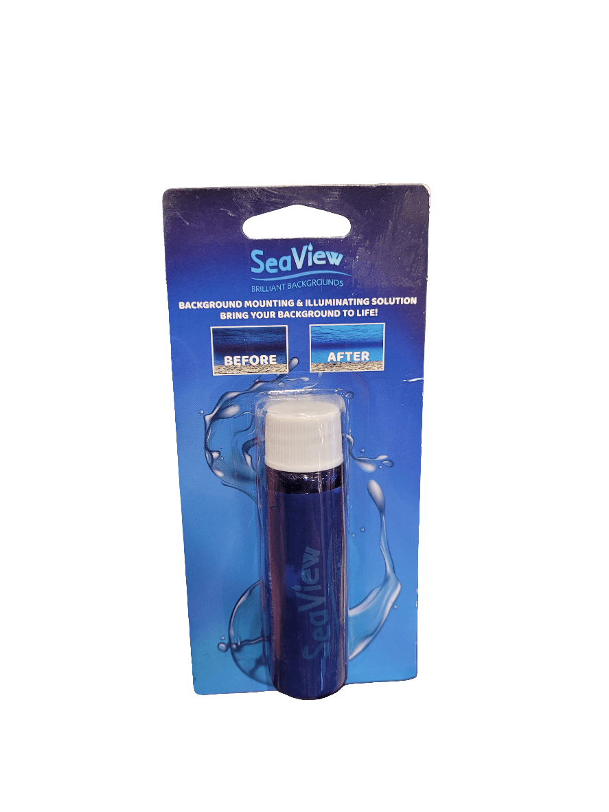 A Seaview bottle is presented against a blue backdrop, featuring the label "Seaview - Brilliant Backgrounds Mounting Solution." The packaging includes before and after images of an aquarium background and is adorned with water droplet graphics.