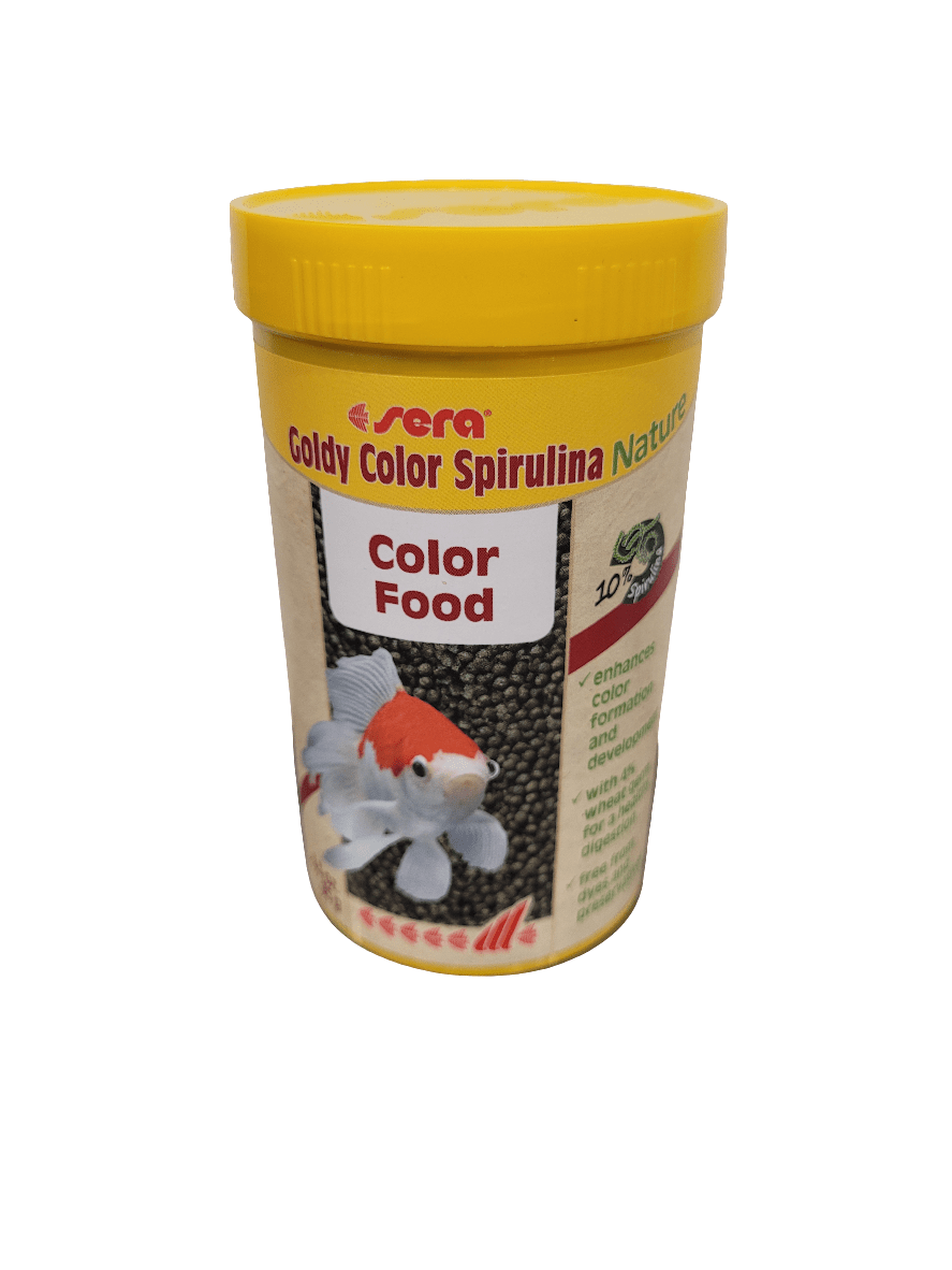 A container of Sera - Goldy Color Spirulina Pellet - 3.3oz fish food with a yellow lid, featuring a label with an image of a goldfish and text promoting enhanced fish color through natural ingredients.