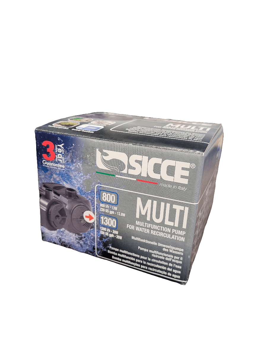 Box of Sicce - Recirculation Pump 1300 (320gph) for water recirculation, highlighting its 800 L/H capacity and a 3-year guarantee. The packaging features images of the pump and details about its specifications.