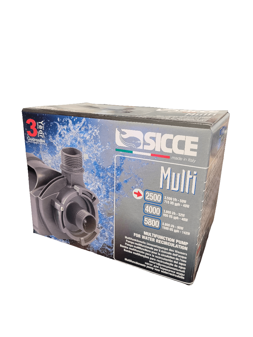 Box of the Sicce - Recirculation Pump 2500 (715gph) for water recirculation, featuring images of the pump and specifications for models 2500, 4000, and 5800. The box highlights a 3-year guarantee and Made in Italy label.