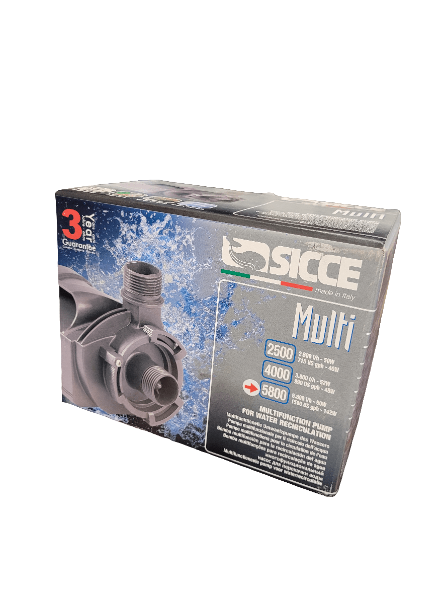 A Sicce Recirculation Pump 5800 packaging with a blue and black design highlights specifications for models 2500, 4000, and 5800. It prominently displays an image of the pump and emphasizes a 3-year guarantee.