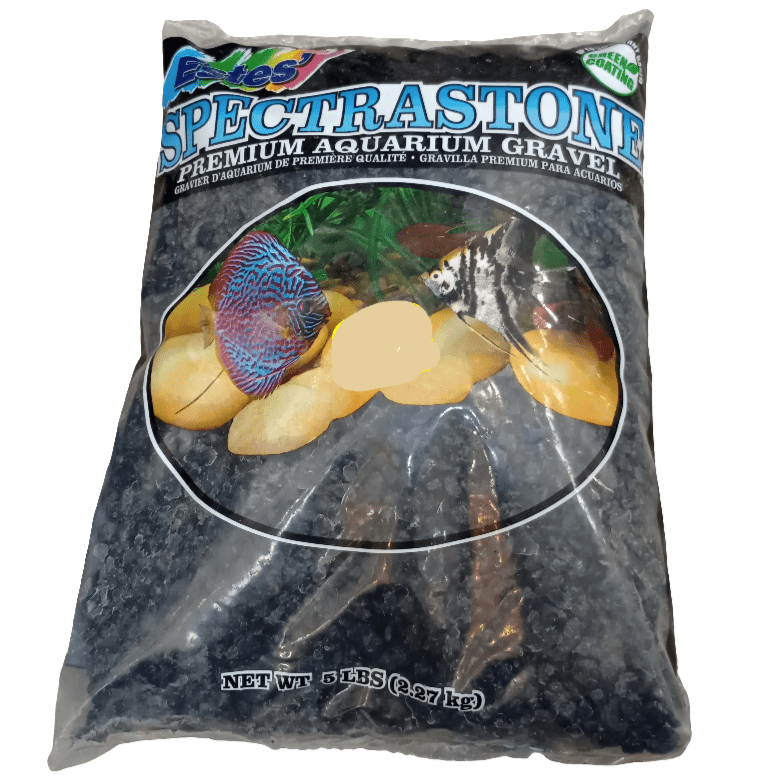 A bag of Spectrastone Black 5lbs, featuring transparent packaging that reveals black gravel inside. The front displays images of a colorful fish and some yellow stones.