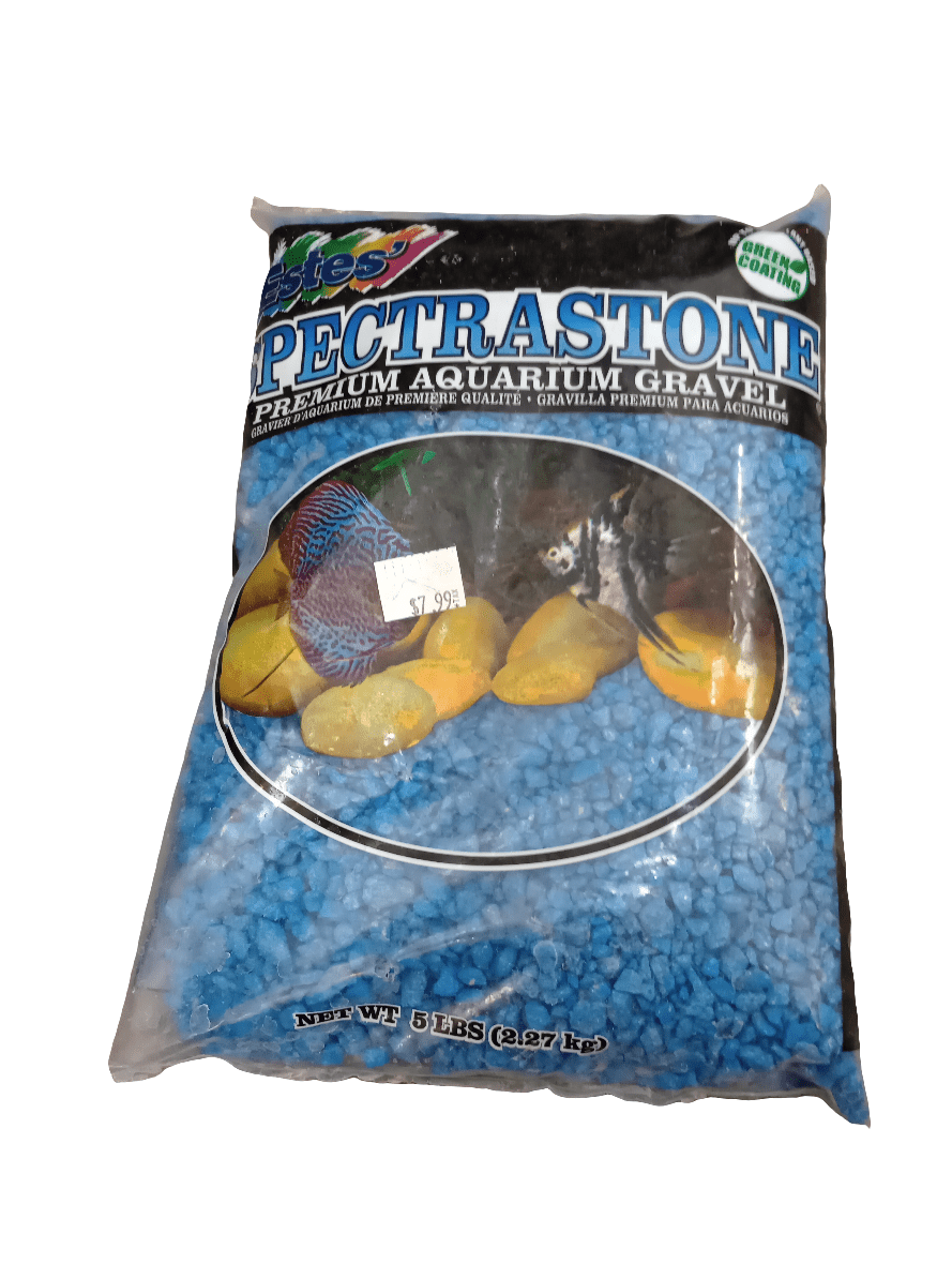 A 5 lb (2.27 kg) bag of Spectrastone Light Blue Aquarium Gravel, adorned with blue pebbles and a fish image on the packaging, is available for $7.99.