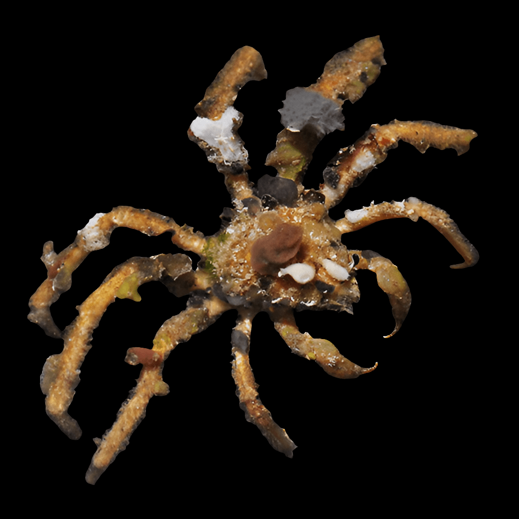 A Spider Decorator Crab, Camposcia retusa, with long spindly legs and a rough, irregular shell displays its earthy hues of brown, green, and white for natural camouflage against a solid black background.