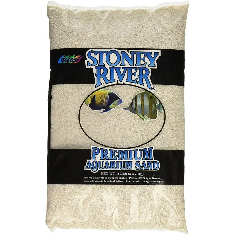 A 5-pound bag of Estes - Stoney River Silica White Sand showcases images of two colorful fish, with the product name prominently displayed. The sand is white and coarse.