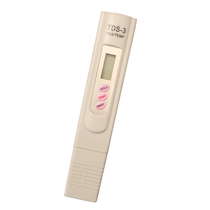 Introducing the TDS Meter, a beige water quality testing device equipped with a digital screen and buttons labeled HOLD, TEMP, and ON/OFF. This tool is specifically designed to measure total dissolved solids and temperature in liquids effectively.