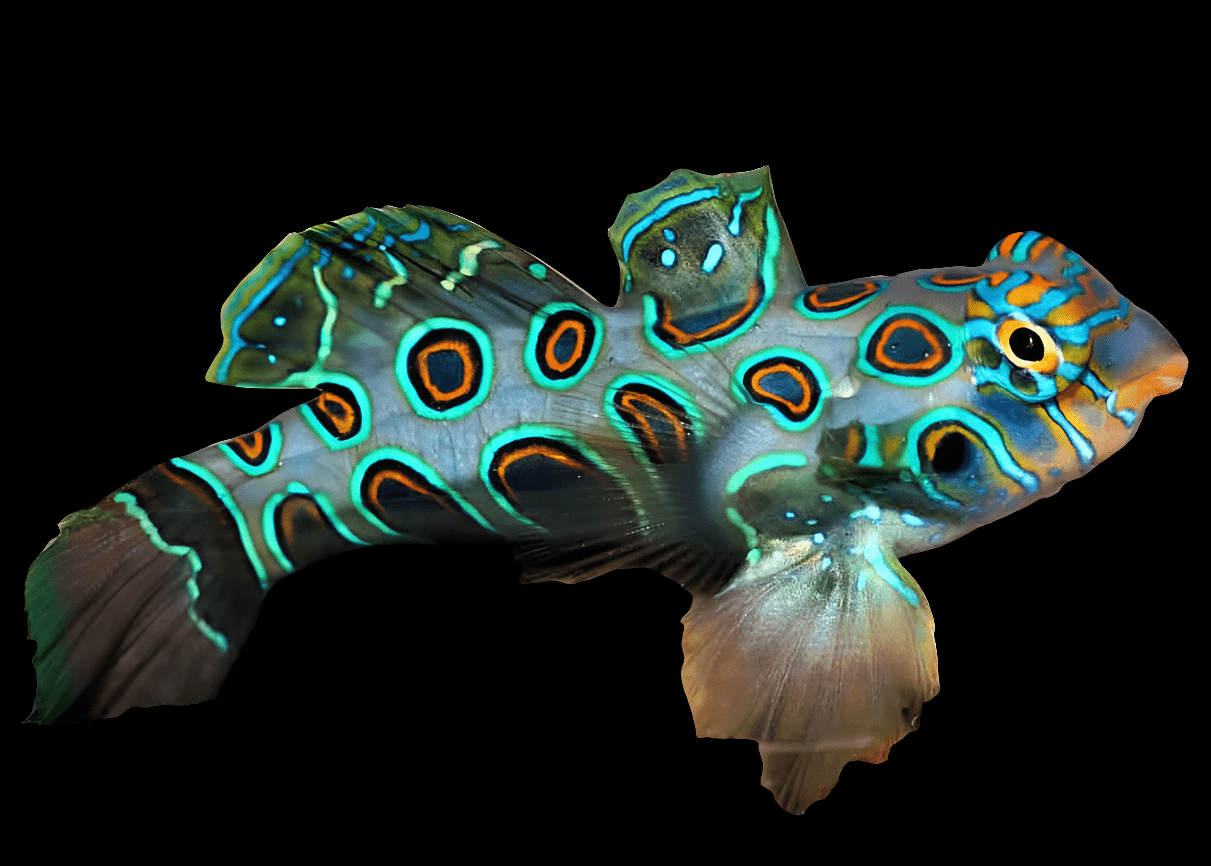 A vibrant Target Mandarin Goby, also known as Synchiropus Picturatus, displays intricate multicolored patterns of blue, orange, and green on its body and fins against a black background. This stunning creature is reef compatible, making it a breathtaking addition to any underwater oasis.