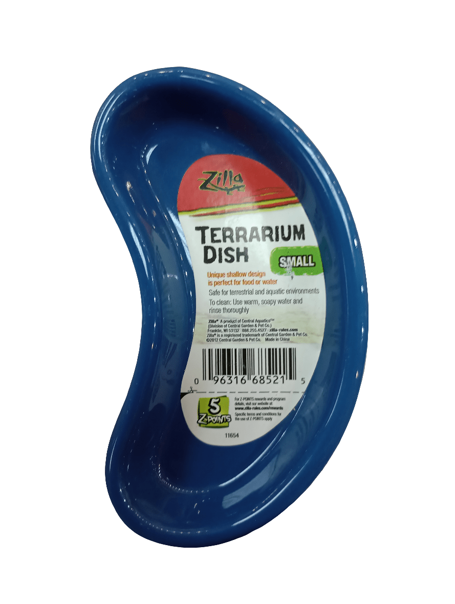 A kidney-shaped, blue dish labeled as Terrarium Dish Small features product details and a barcode, specifically designed for reptiles to hold water or food.