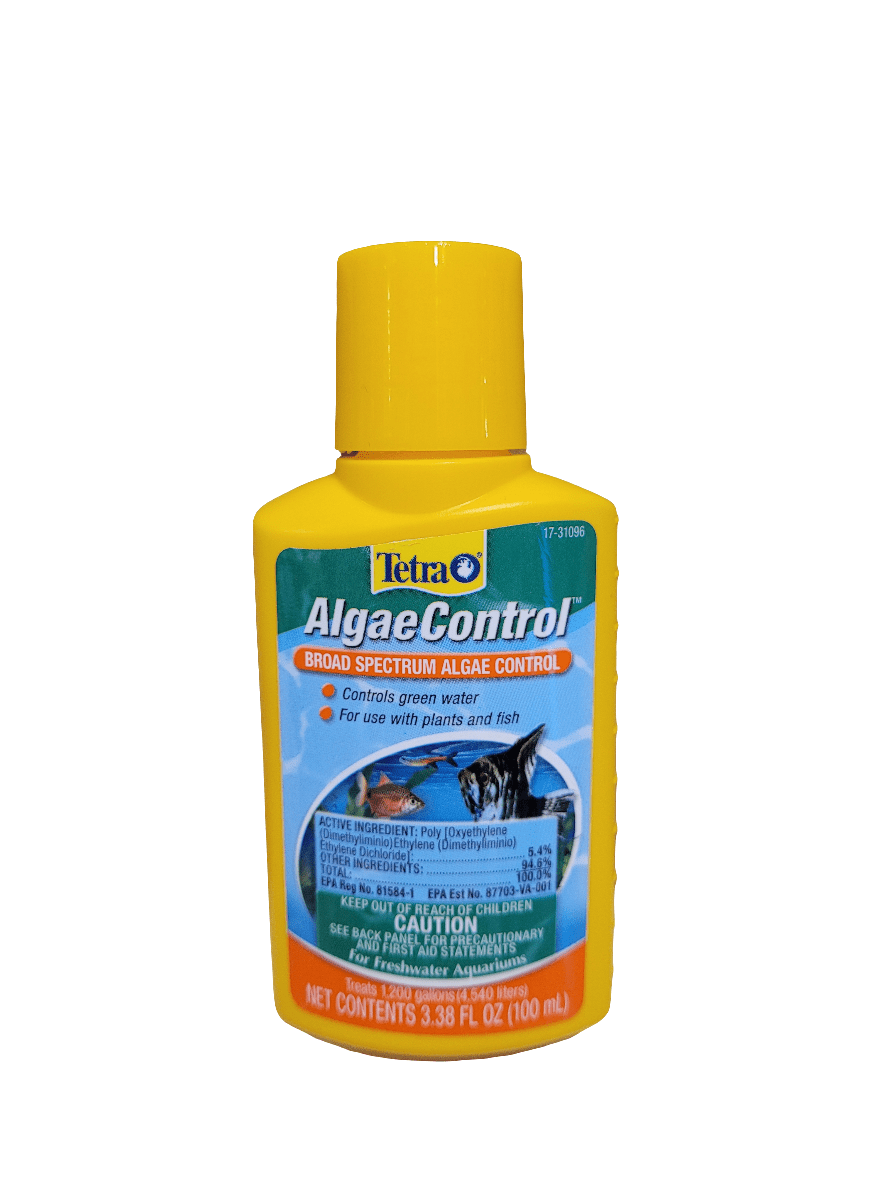 Tetra - Algae Control - 100ml comes in a yellow bottle and is designed for broad-spectrum algae control. It includes instructions and cautionary details in English, with net contents of 3.38 FL OZ (100 mL). It's suitable for use with plants and fish to address green water issues.