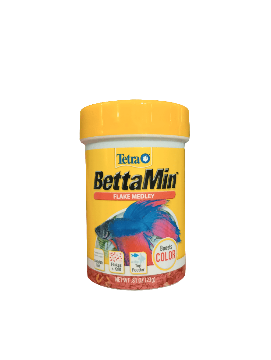 A yellow container of Tetra BettaMin Flake Medley .81 Oz fish food, showcasing an image of a colorful betta fish and highlighting its ability to Boosts Color, with a net weight of 0.81 oz (23g).