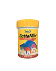 A yellow container of Tetra BettaMin Flake Medley .81 Oz fish food, showcasing an image of a colorful betta fish and highlighting its ability to Boosts Color, with a net weight of 0.81 oz (23g).