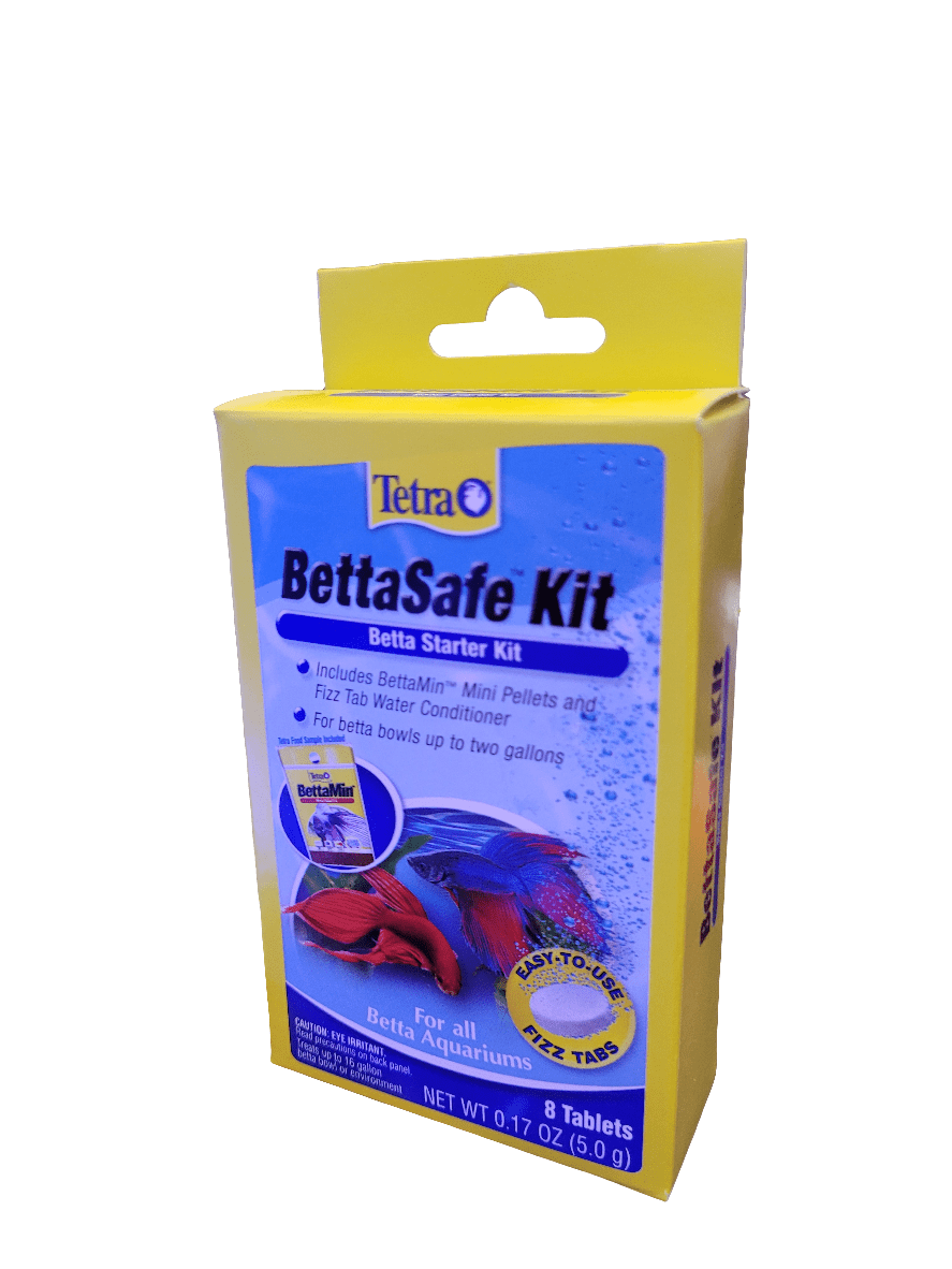 The image displays a box of the Tetra - Bettasafe Kit. The packaging is yellow with blue text and includes pictures of a betta fish. It contains mini pellets and a water conditioner designed for betta bowls up to two gallons.