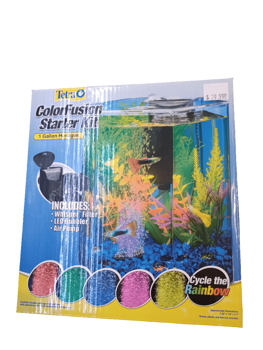 A boxed Tetra Colorfusion 1 Gallon Betta Hex is on display. The packaging features a lively aquarium scene with colorful fish, plants, and decorations. It includes components such as a whisper filter, LED bubbler, and air pump. A price tag at the top shows $29.99.