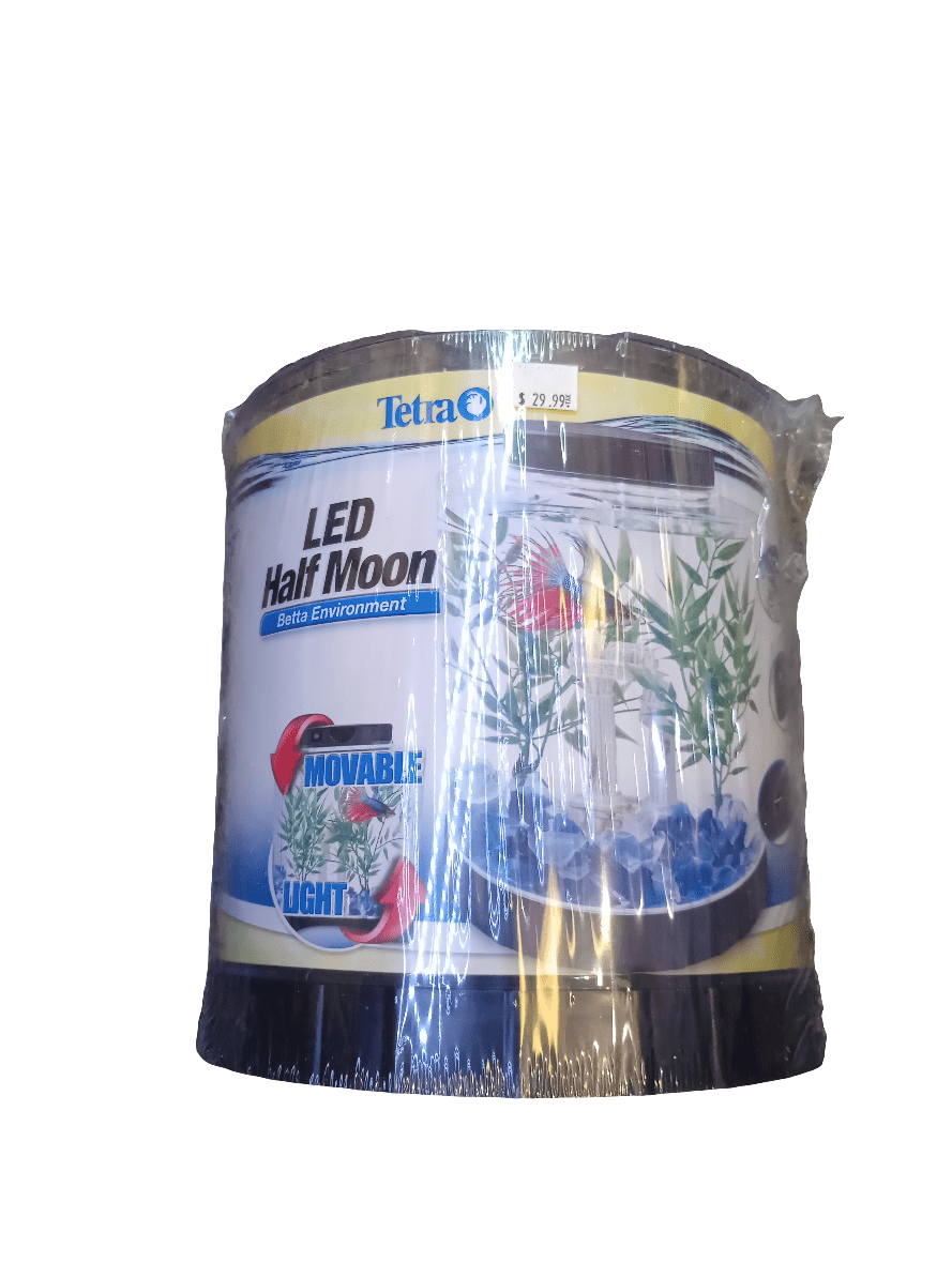 A packaged Tetra Led Half Moon Betta Tank is displayed, featuring a fish tank with blue gravel, artificial plants, and a movable LED light on the packaging. The price tag reads $27.99.