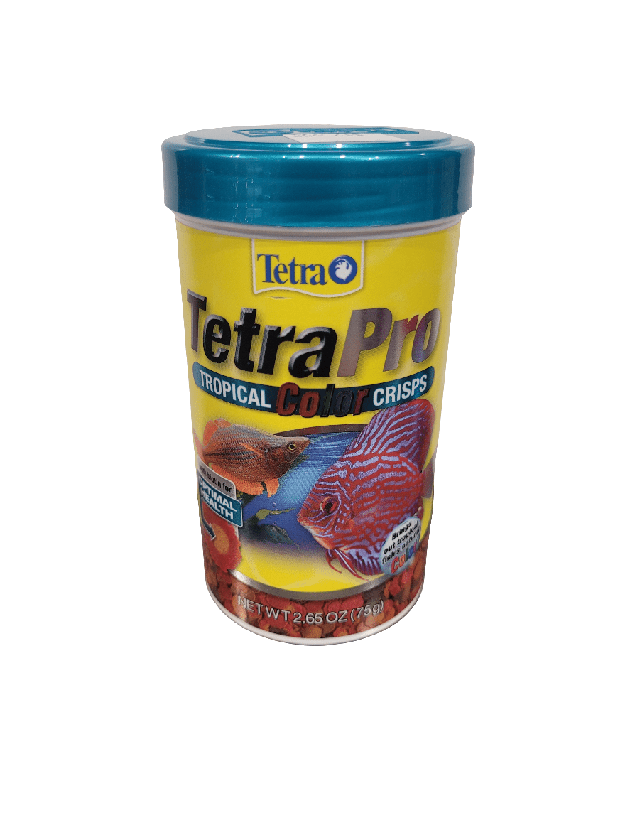 A cylindrical container of Tetra - Pro Tropical Color Crisps fish food, adorned with images of vibrant tropical fish on the label, comes with a blue lid and has a net weight of 2.65 oz (75g).