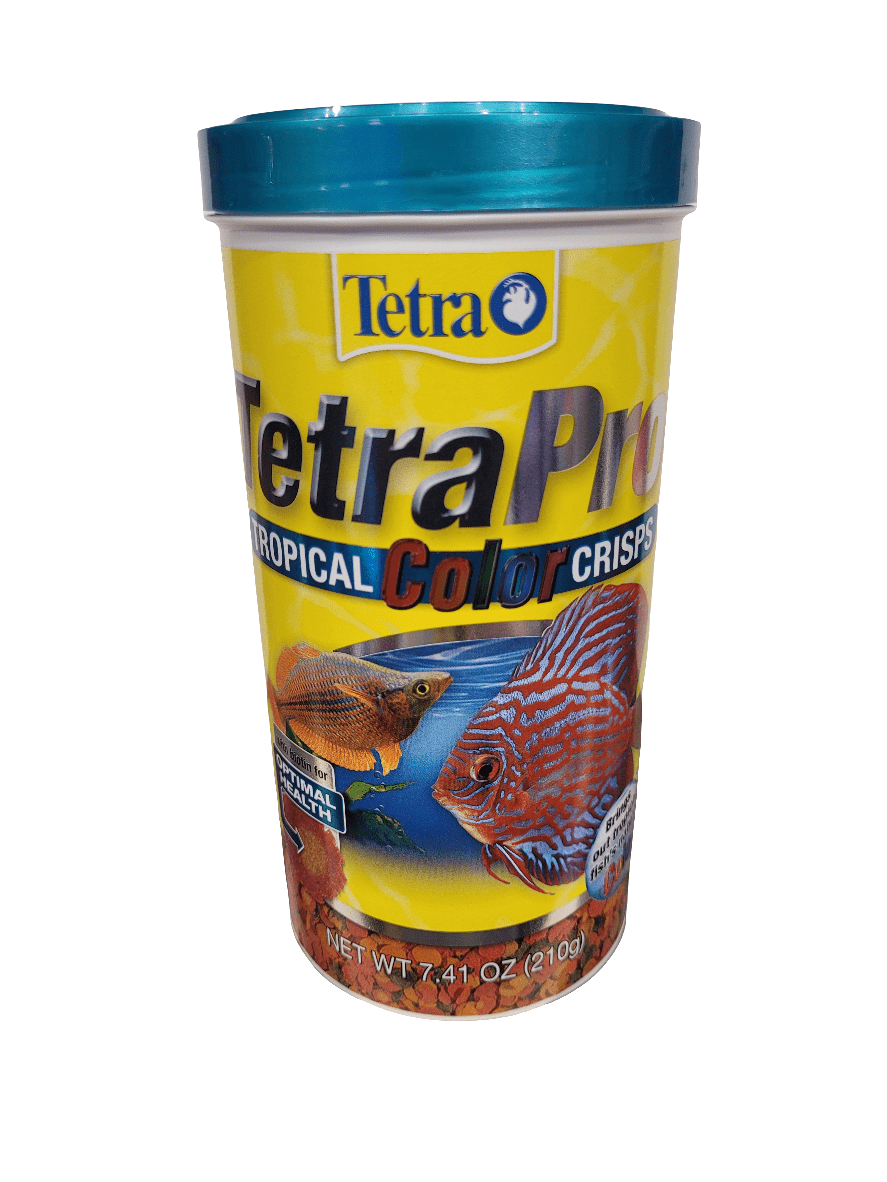 A container of Tetra - Pro Tropical Color Crisps fish food, adorned with colorful fish illustrations on the label and topped with a teal lid, weighing 7.41 oz (210 g).