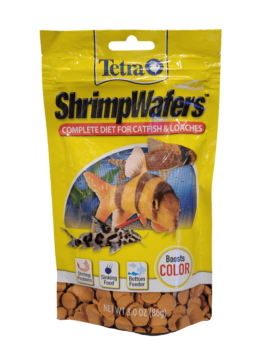 A yellow package of Tetra ShrimpWafers fish food, designed as a complete diet for catfish and loaches, showcases images of fish on the packaging and highlights benefits such as color enhancement and suitability for bottom feeders. The net weight is 8.0 oz (226g).