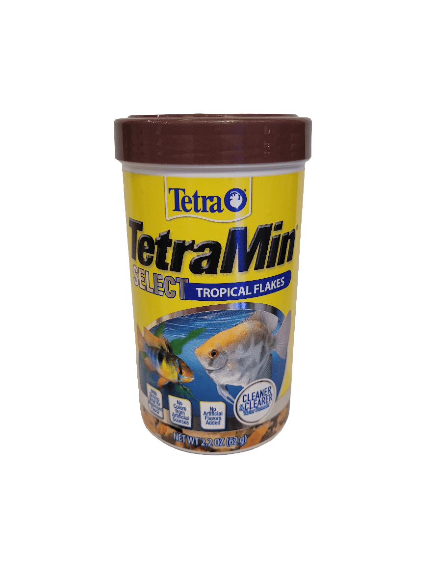 A container of Tetra - TetraMin Tropical Flakes fish food featuring a brown lid. The label showcases images of vibrant fish alongside a logo indicating the Cleaner & Clearer Water Formula. Net weight: 2.2 oz (62g).