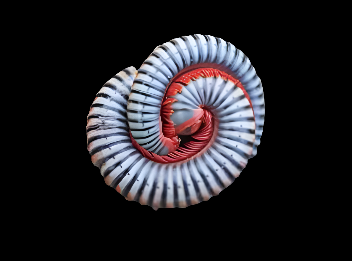 Close-up of a Thai Rainbow Millipede - Spirobolus caudulanus coiled into a spiral against a black background. The millipede features a distinctive blue-gray and red striped pattern, highlighting its segmented body and the numerous legs tightly packed together.