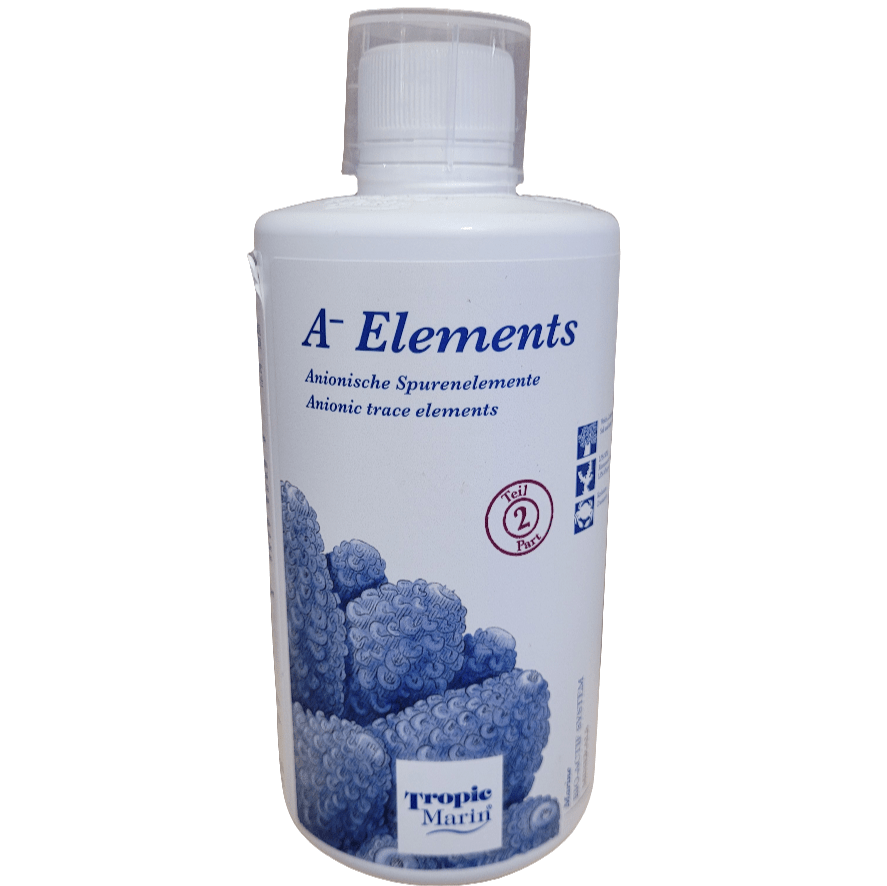 A 500ml bottle of Tropic Marin A-Elements showcases blue coral imagery and is labeled as containing anionic trace elements for aquarium use.