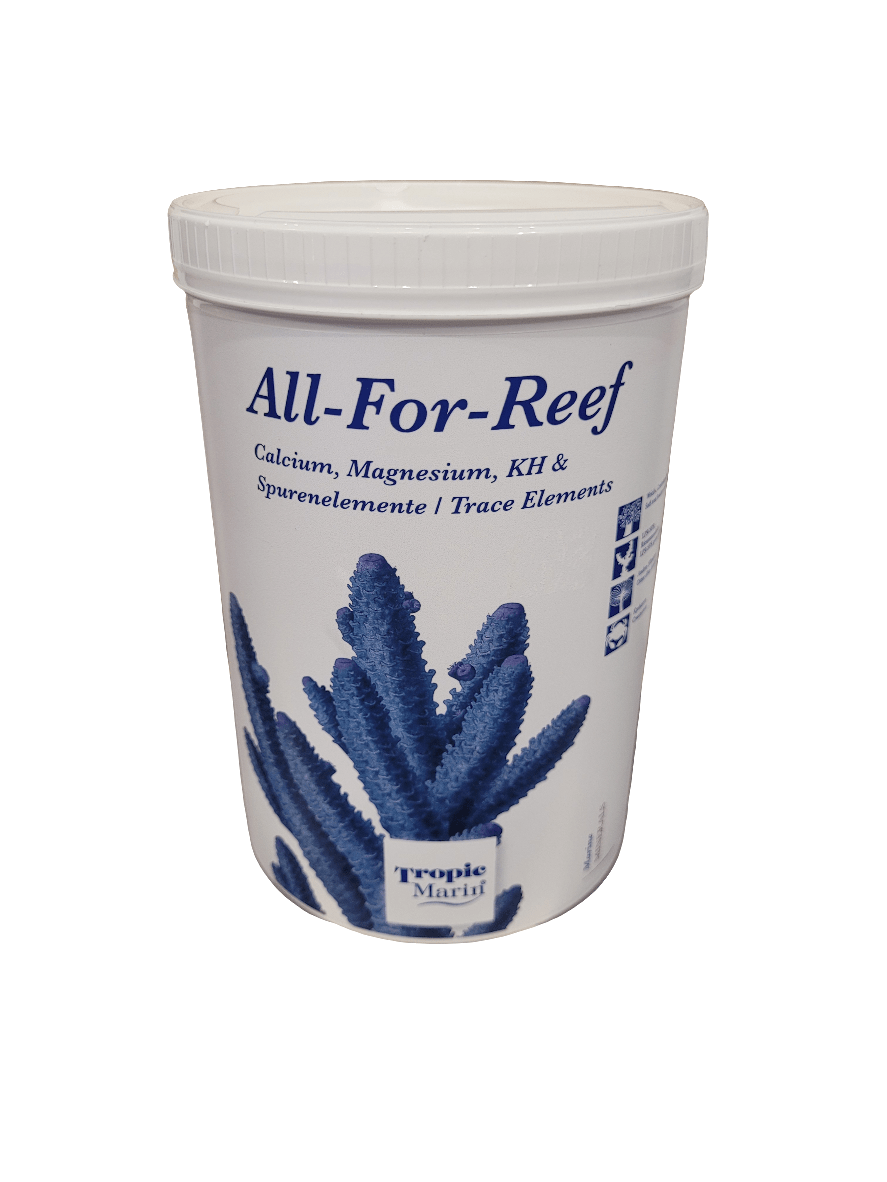 A white container labeled Tropic Marin - All-For-Reef - 800g featuring a blue coral image, listing Calcium, Magnesium, KH & Trace Elements.