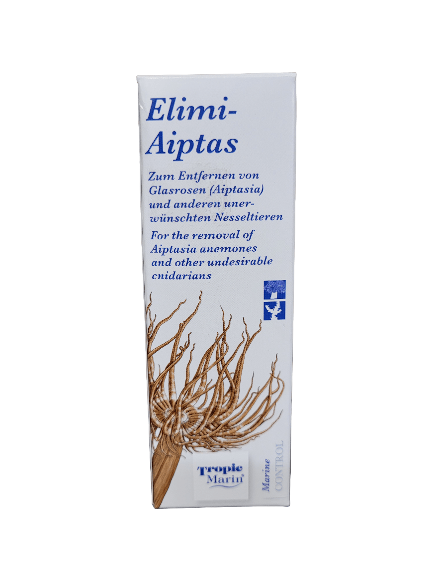 The image depicts a box of Tropic Marin - Elimi-Aiptas - 50ml, a product formulated to eradicate Aiptasia anemones and other unwanted cnidarians. The packaging includes an illustration of a sea anemone and contains text in both German and English.