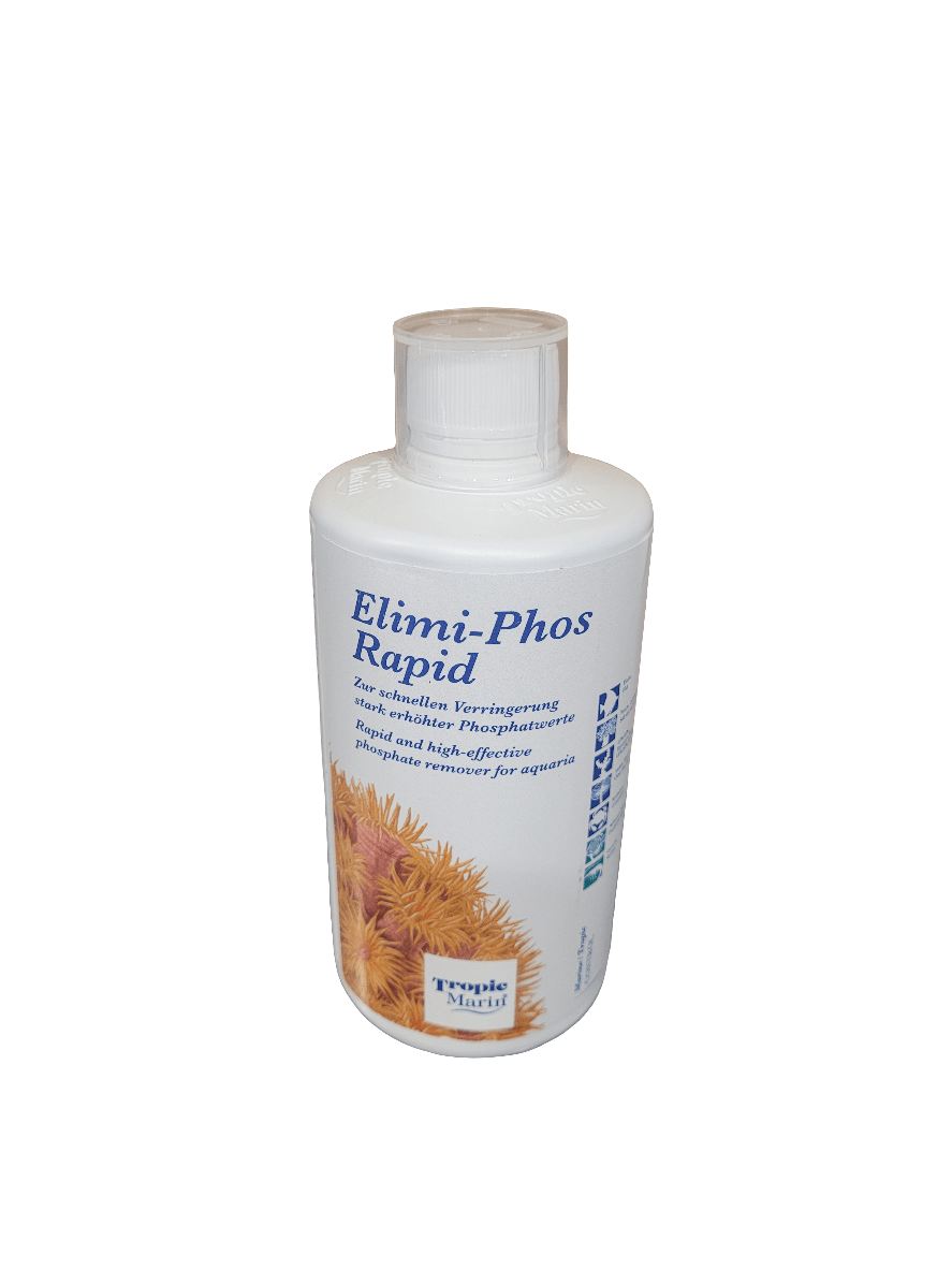 A white bottle of Tropic Marin Elimi-Phos Rapid, a 500ml phosphate remover for aquariums, featuring an image of an aquatic plant and labeled with text in German and English.