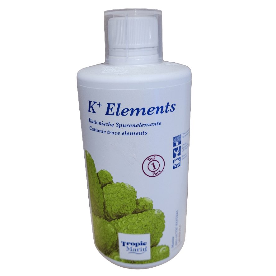 A 500ml bottle of Tropic Marin K+ Elements, showcasing cationic trace elements. The white container is adorned with a green coral-like graphic and includes measurement indicators.