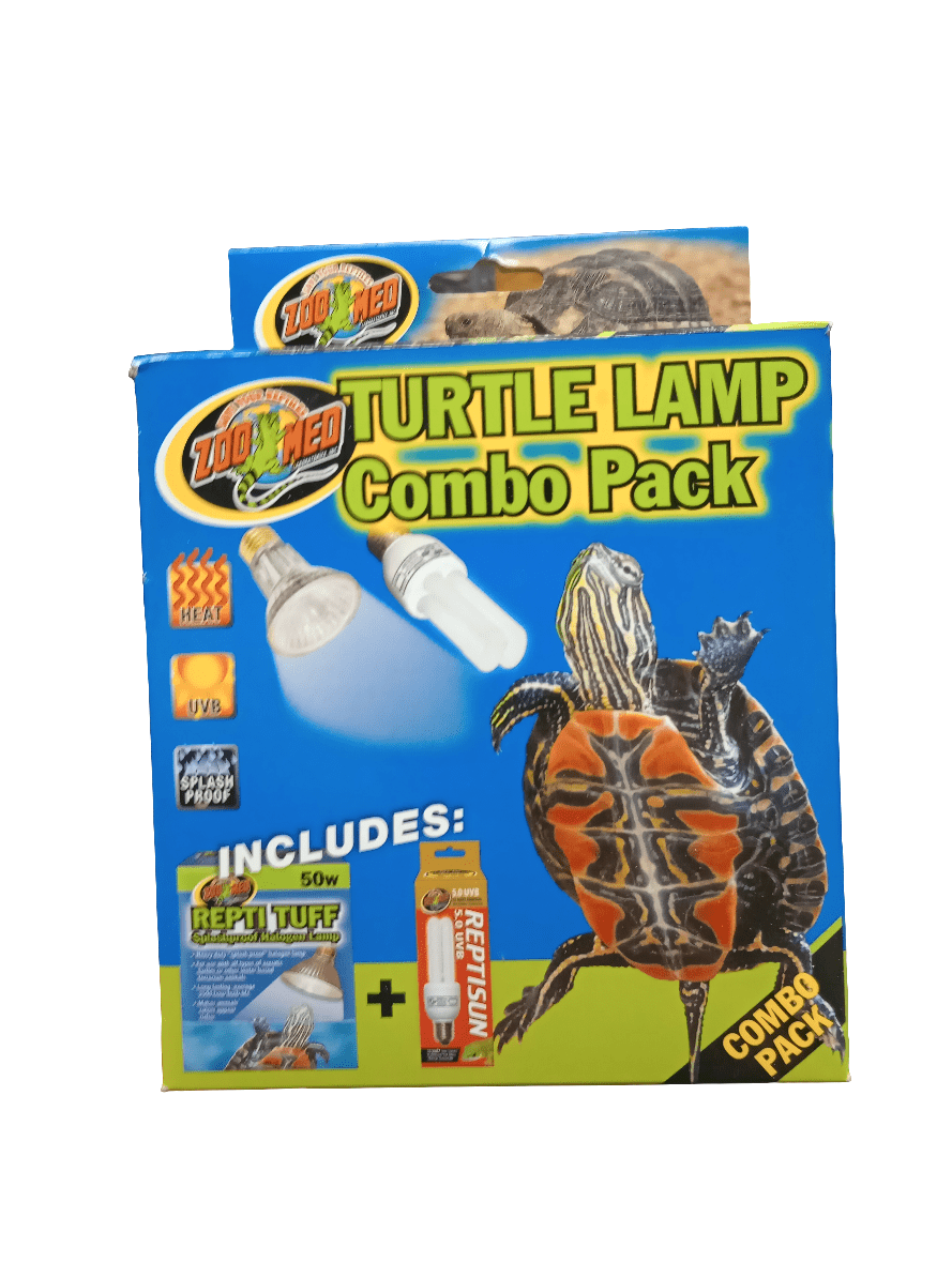 Box for a Turtle Combo Pack Bulbs by Zoo Med. Showcases images of two lamps and a turtle, and contains a 50W Repti Tuff bulb along with a ReptiSun UVB lamp. The design features a blue background with yellow and orange text.