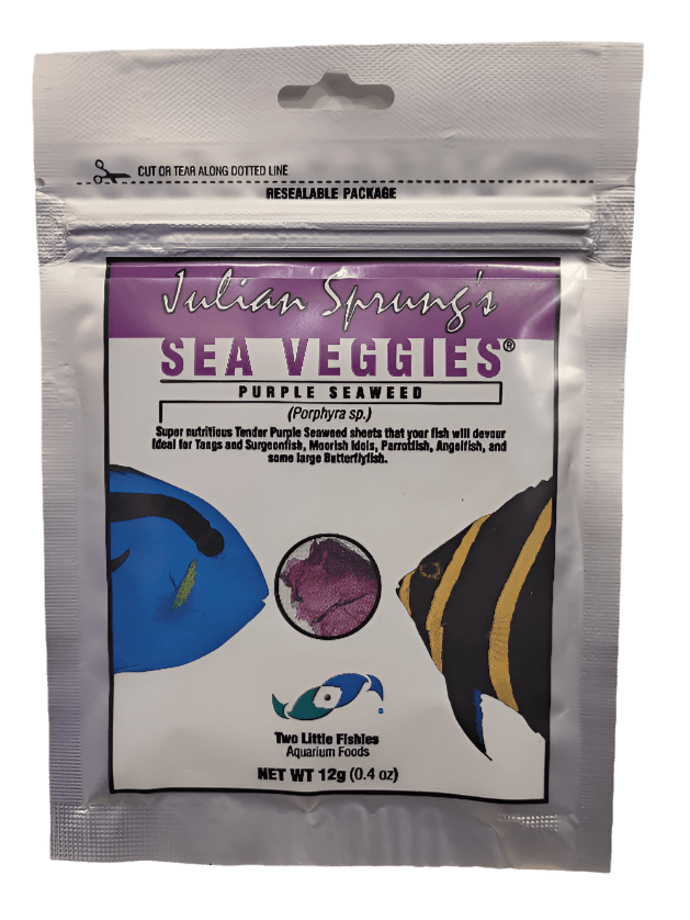 A package of Two Little Fishies - Sea Veggies Purple Seaweed for fish, featuring a resealable design with fish images on it, contains 12g (0.4 oz) of product. You can find instructions to cut or tear along the dotted line at the top.