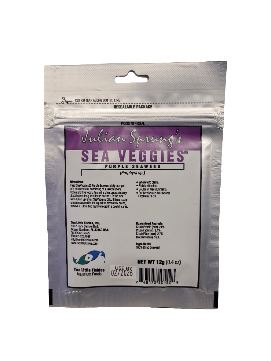 A packet of Two Little Fishes Sea Veggies Purple Seaweed, featuring white packaging with purple text that details product information, nutritional analysis, and usage directions. It is designated as aquarium food and weighs 12g (0.4 oz).