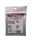 A packet of Two Little Fishes Sea Veggies Purple Seaweed, featuring white packaging with purple text that details product information, nutritional analysis, and usage directions. It is designated as aquarium food and weighs 12g (0.4 oz).