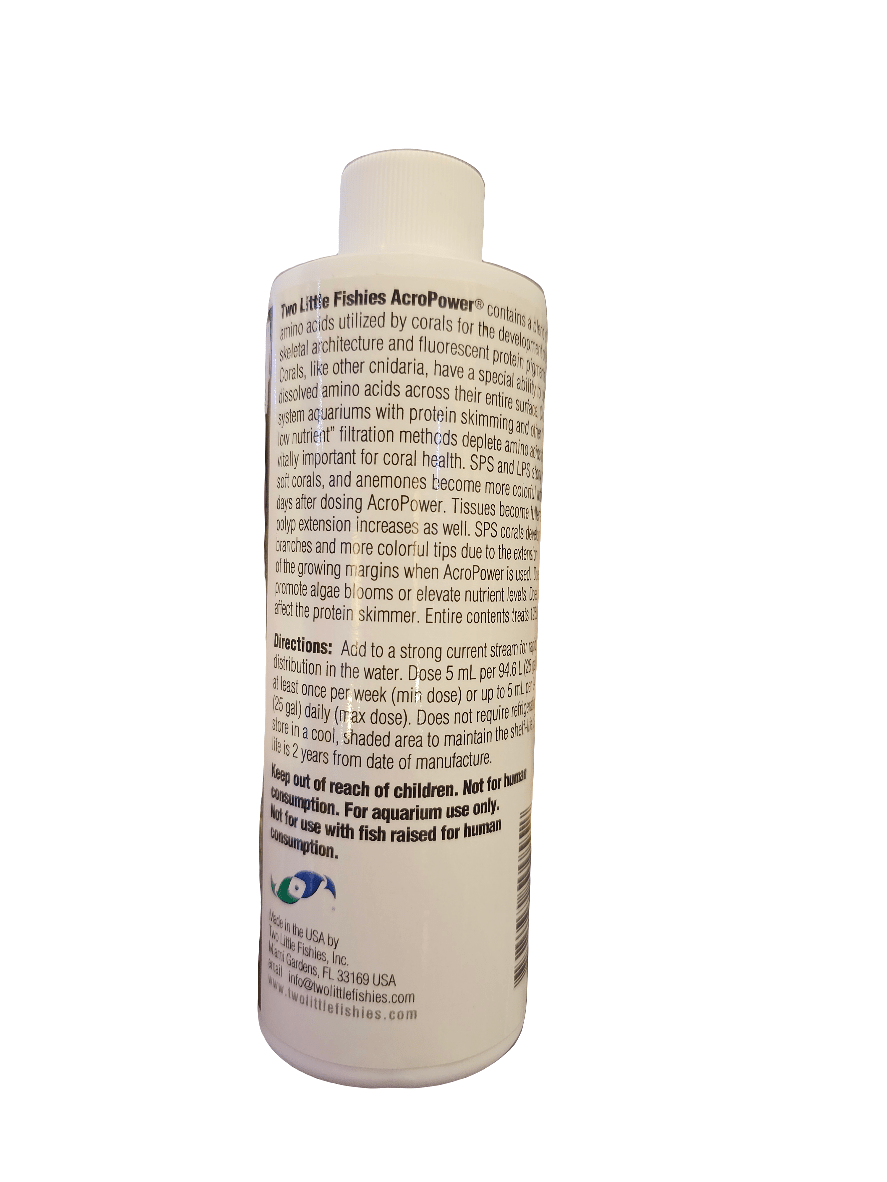 A bottle of Two Little Fishies - Acro Power - 250ml featuring product information on the label. It comes with a white cap and includes text detailing directions and usage for aquarium care.