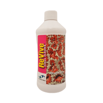 A bottle of Two Little Fishies Revive Coral Cleaner featuring a white cap and label, with the product name displayed in yellow and red alongside an image of corals. The label specifies a volume of 500 milliliters.